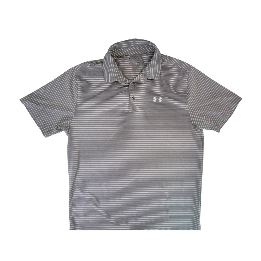 Under Armour Men's Gray Striped Polo‎ Shirt Heatgear Loose Fit Golf Size Large